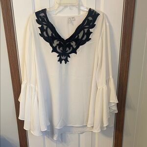 Cato Ivory Blouse with Black V-Neck Applique